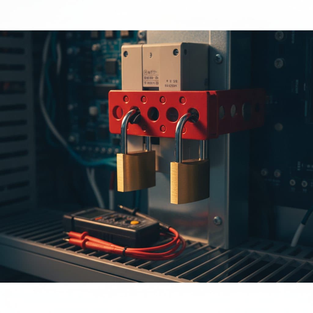 Multi-hasp lock-off with two padlocks securing an isolated supply, voltage tester alongside