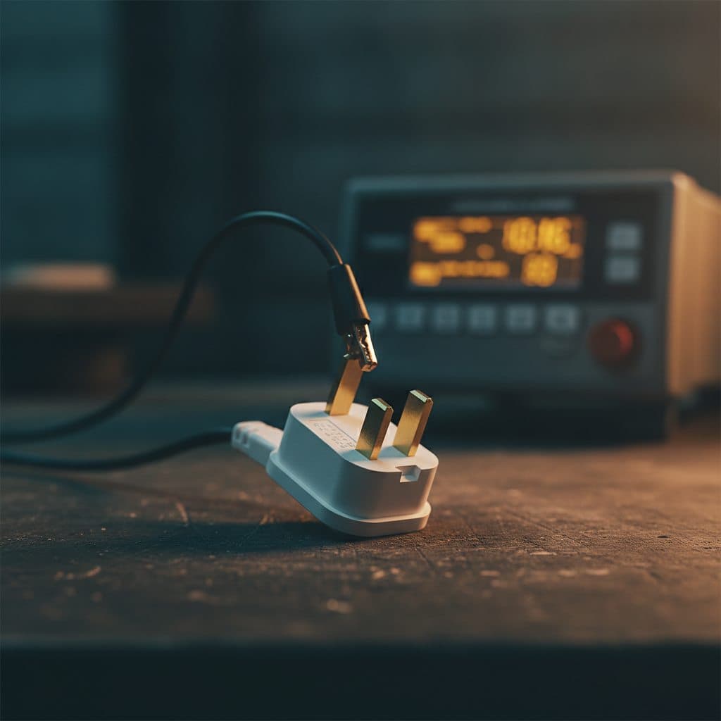 Portable appliance tester on a bench with a BS 1363 three-pin plug connected to its test socket