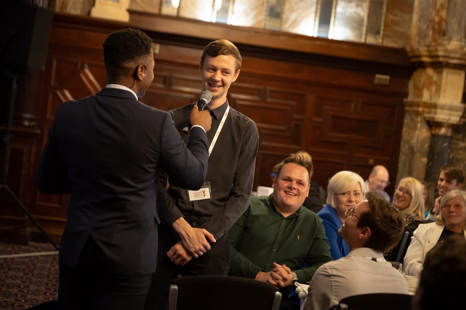 A Workpays apprentice interviewed on stage at the Regional Apprenticeship Awards